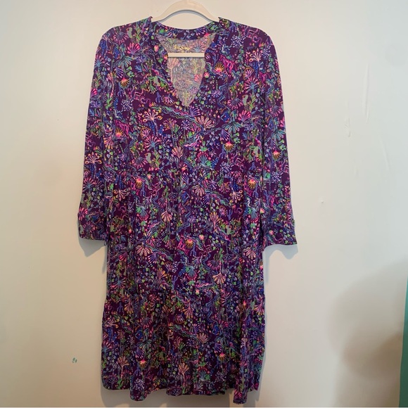 Lilly Pulitzer Alaina Dress Purple Berry Colony Conga Cotton Swing Dress Notched - Picture 2 of 5